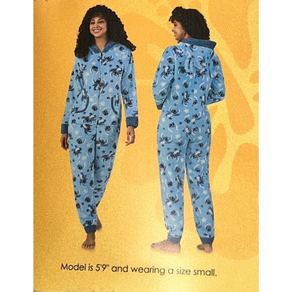 Disney Stitch One‑Piece Pajama Hooded Fleece Soft Jumpsuit Blue Adult Size S NWT - Picture 4 of 9